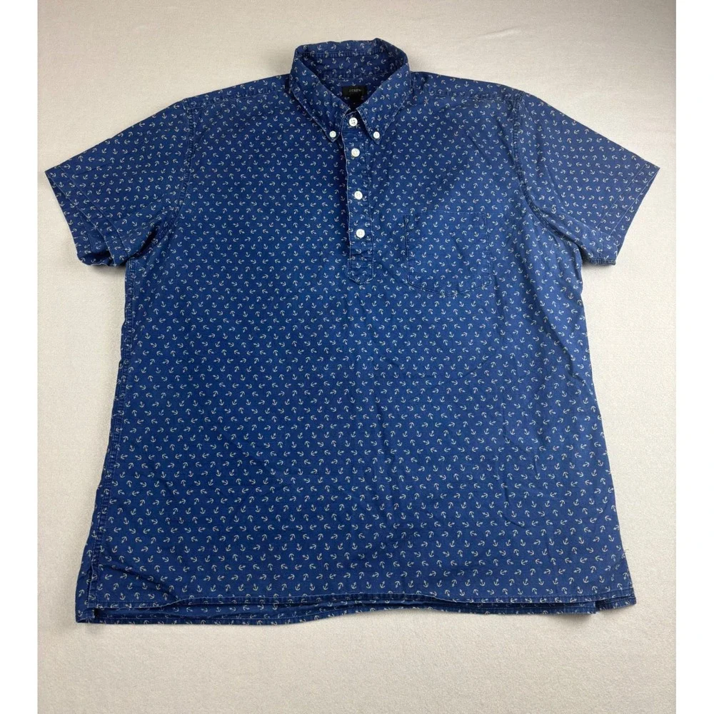 J.Crew Mens XL Popover Shirt Blue Anchor Print Short Sleeve Button Down Casual